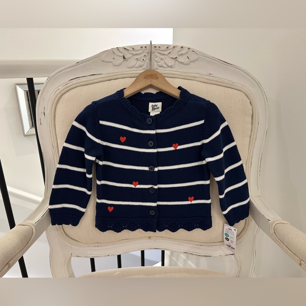🤍 18 Mth Cotton Navy Baby Cardigan with White Stripes and Red Hearts NWT